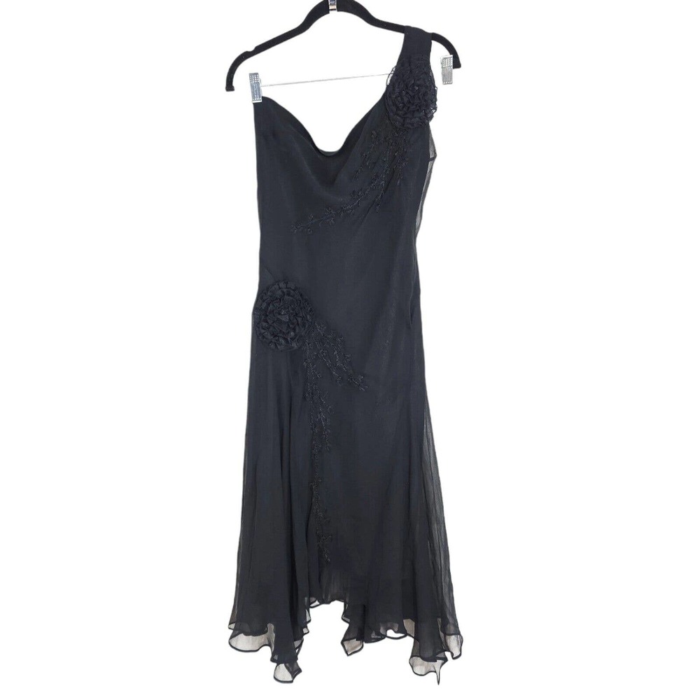 Sue Wong Womens Slip Dress Black Silk Rosette Midi Peasant Vtg 90s Y2K Fairy 14